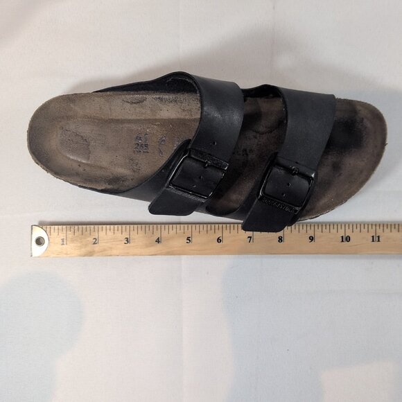 Birkenstock 41 Arizona Black Leather Sandals Pebbled Slip On 2 Strap Buckle 10 - Picture 6 of 16